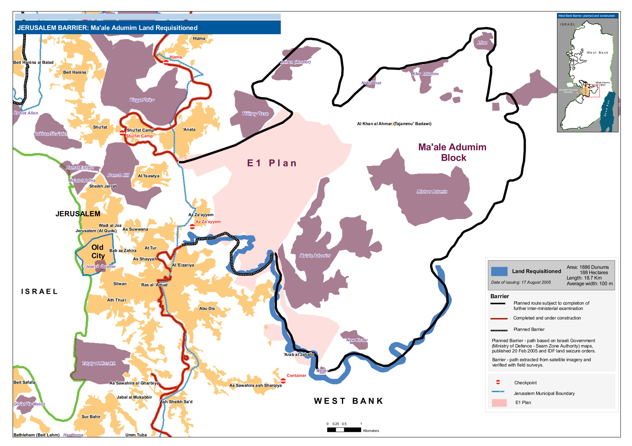 Kudüs ile Maale Adumim arasındaki E1 planını gösteren harita