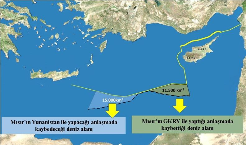 Mısır’ın Yunanistan ve Kıbrıs Rum Yönetimi’yle yapacağı anlaşmalarda kaybedebileceği deniz alanlarını gösteren harita