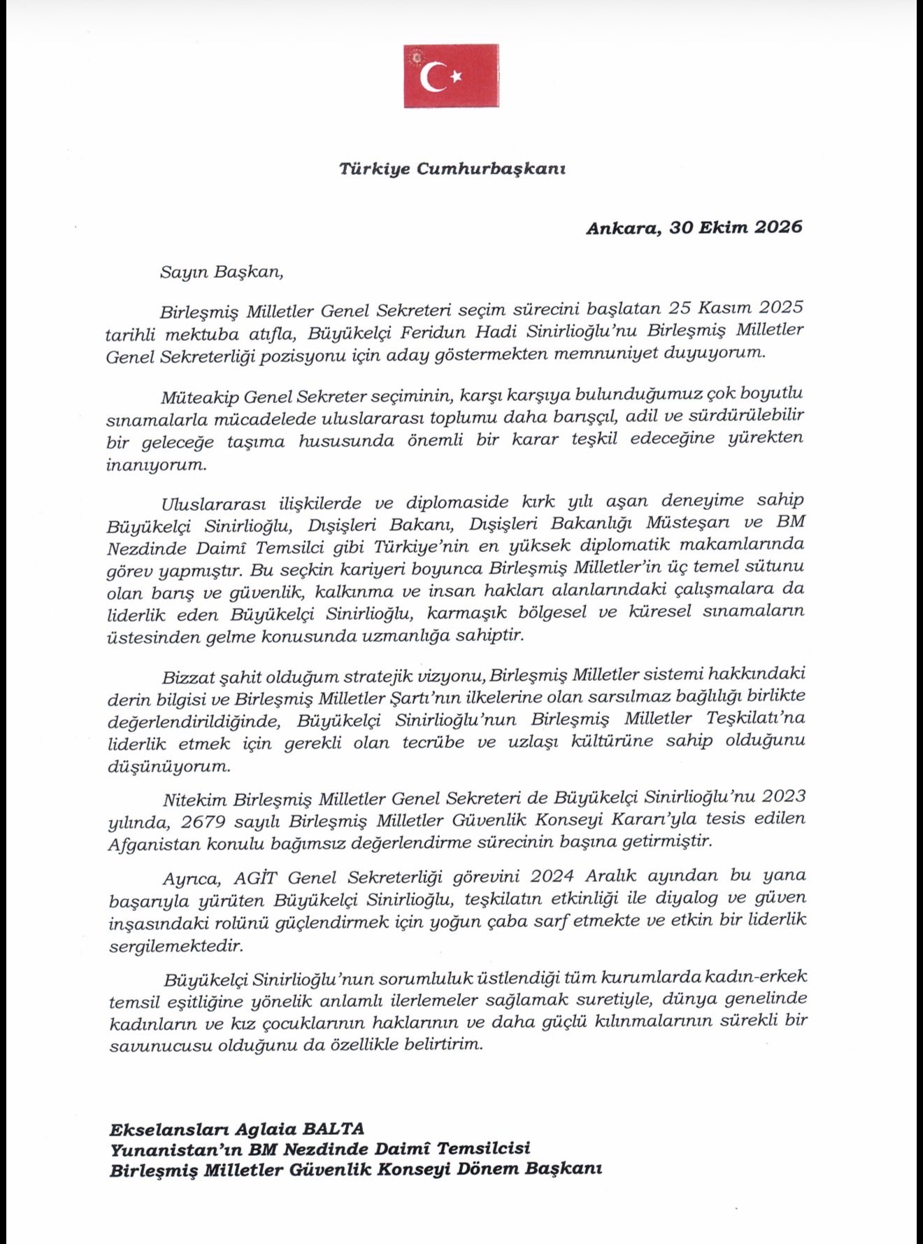 رسالة الرئيس أردوغان المؤرخة في 30 أكتوبر 2026 بترشيح سينيرلي أوغلو لمنصب الأمين العام للأمم المتحدة