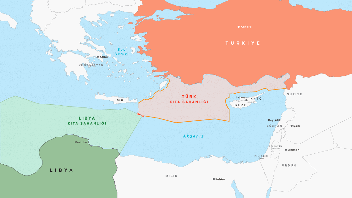 Türkiye ile Libya'nın deniz yetki alanlarını gösteren harita