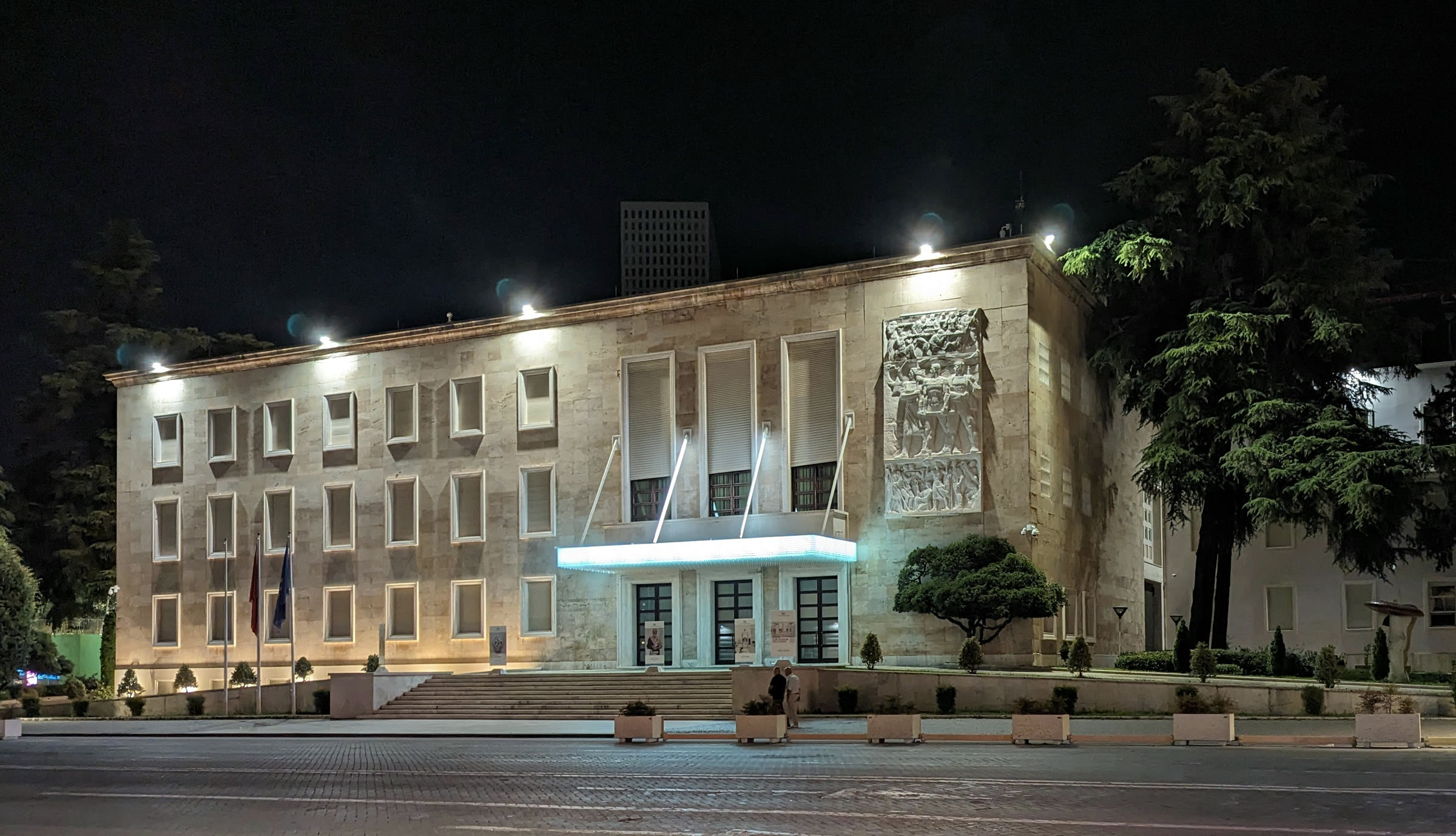 The Albanian prime minister’s office in Tirana at night