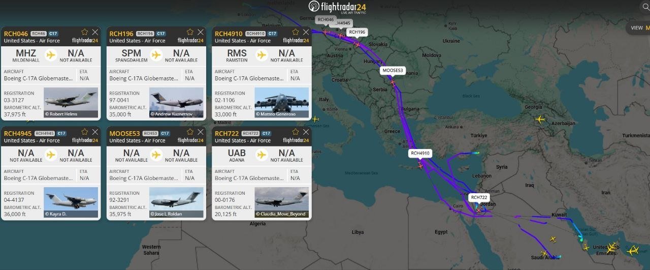 خريطة تتبع الرحلات تظهر طائرات C-17 أمريكية متجهة من أوروبا إلى الشرق الأوسط