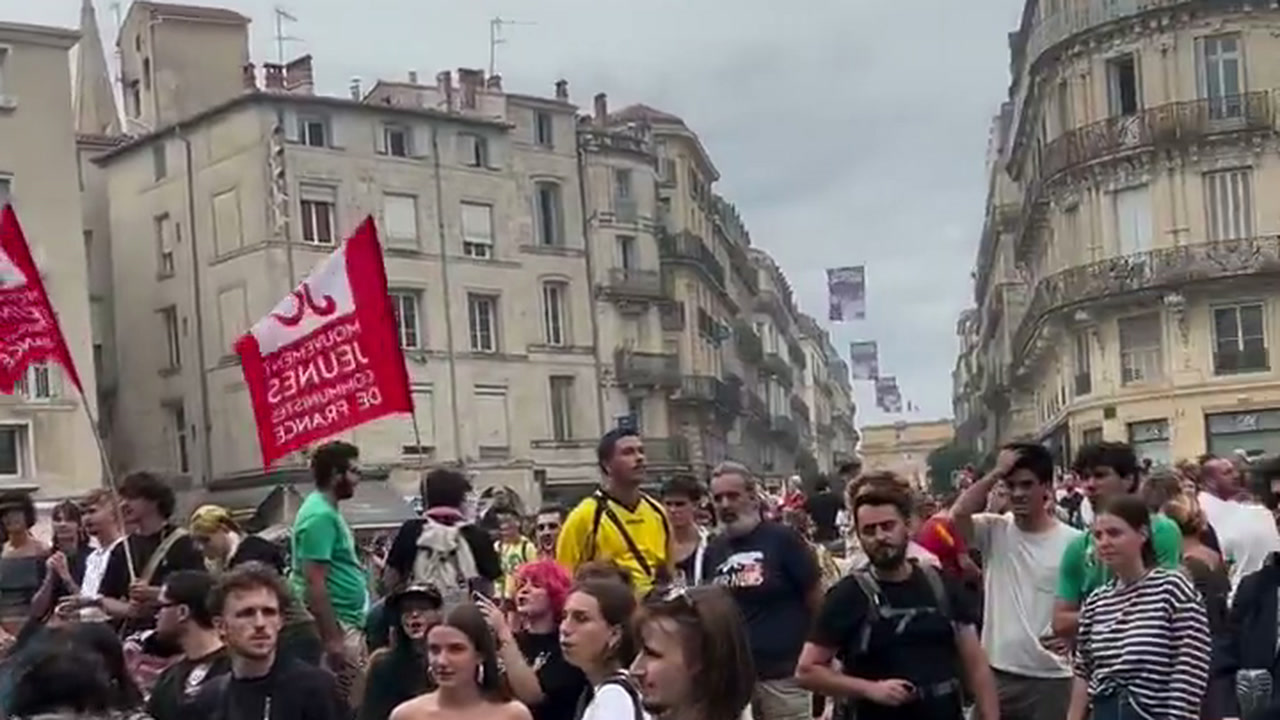 شبان يحملون أعلام نقابات ومنظمات شبابية خلال تظاهرة في مونبلييه