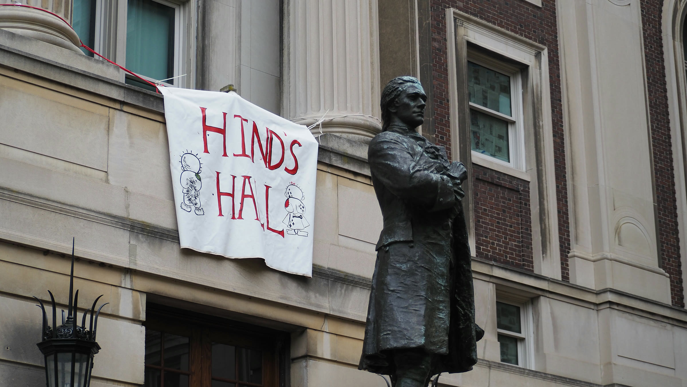 A "Hind's Hall" banner at Columbia University