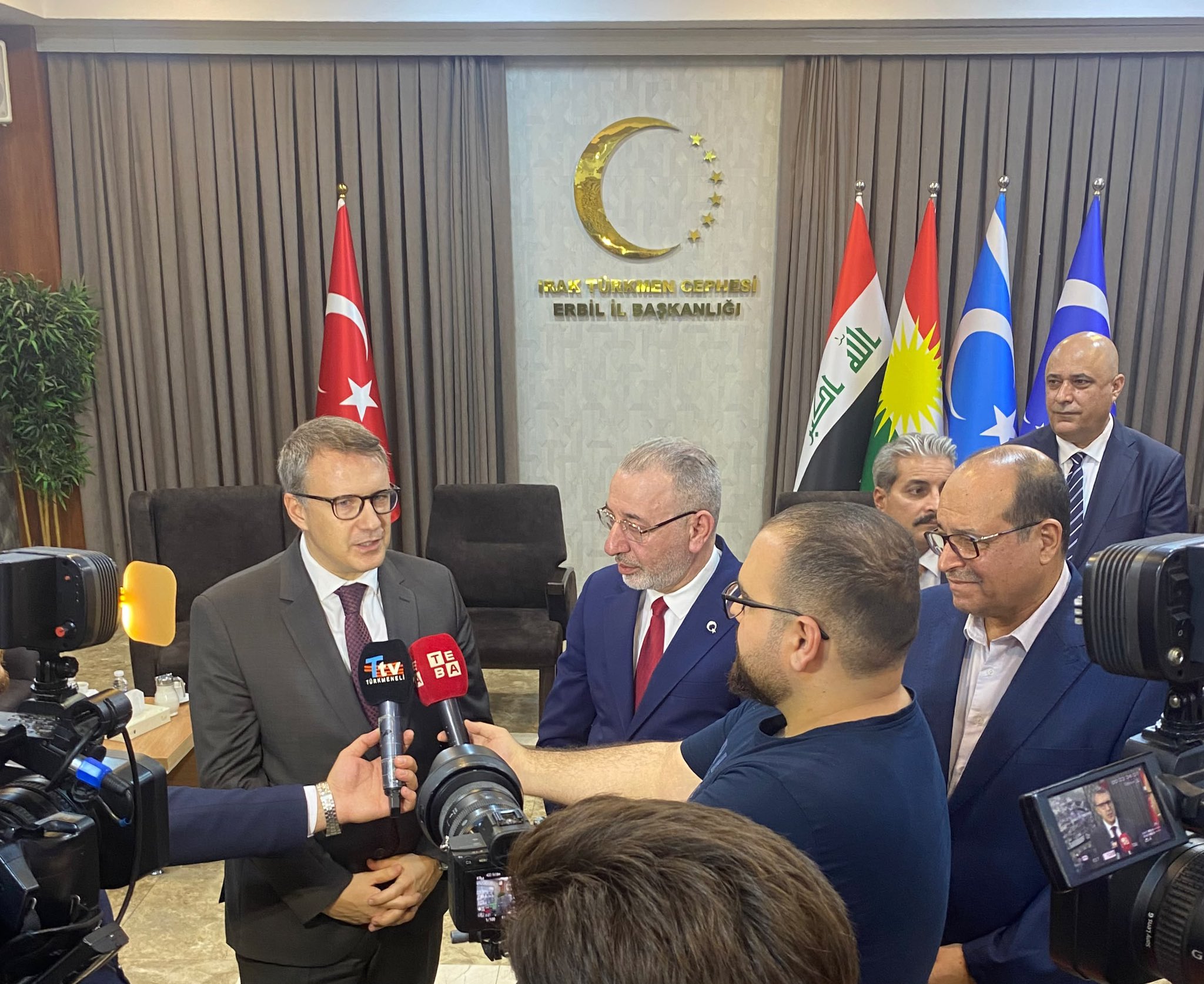 A delegation from Türkiye's embassy speaks to journalists at the Iraqi Turkmen Front headquarters in Erbil
