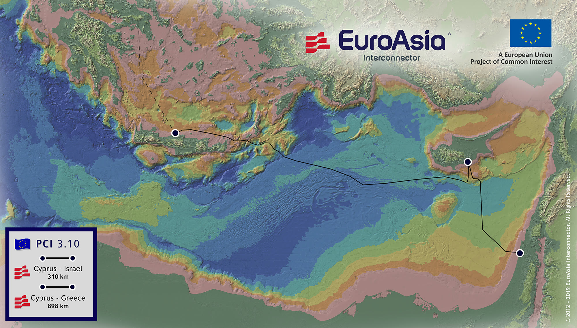 Archive map of the route of the electricity interconnection project between Greece, Cyprus and Israel